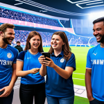 A diverse group of sports fans, fully clothed in modest and appropriate attire, enthusiastically engaging with a large interactive digital screen displaying a futuristic virtual sports arena. Some individuals are holding smartphones and tablets, showing social media feeds, live polls, and fan challenges. The background features subtle, vibrant digital interfaces and abstract light patterns, suggesting an immersive and family-friendly fan zone. The atmosphere is energetic and positive. safe for work, appropriate content, fully clothed, family-friendly, perfect anatomy, correct proportions, natural pose, well-formed hands, proper finger count, natural body proportions, professional photography, high quality.