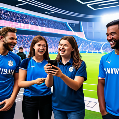 A diverse group of sports fans, fully clothed in modest and appropriate attire, enthusiastically engaging with a large interactive digital screen displaying a futuristic virtual sports arena. Some individuals are holding smartphones and tablets, showing social media feeds, live polls, and fan challenges. The background features subtle, vibrant digital interfaces and abstract light patterns, suggesting an immersive and family-friendly fan zone. The atmosphere is energetic and positive. safe for work, appropriate content, fully clothed, family-friendly, perfect anatomy, correct proportions, natural pose, well-formed hands, proper finger count, natural body proportions, professional photography, high quality.