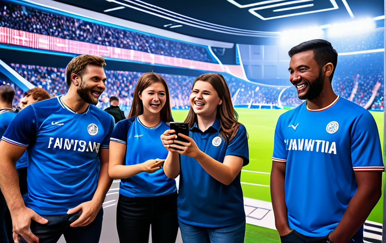 A diverse group of sports fans, fully clothed in modest and appropriate attire, enthusiastically engaging with a large interactive digital screen displaying a futuristic virtual sports arena. Some individuals are holding smartphones and tablets, showing social media feeds, live polls, and fan challenges. The background features subtle, vibrant digital interfaces and abstract light patterns, suggesting an immersive and family-friendly fan zone. The atmosphere is energetic and positive. safe for work, appropriate content, fully clothed, family-friendly, perfect anatomy, correct proportions, natural pose, well-formed hands, proper finger count, natural body proportions, professional photography, high quality.
