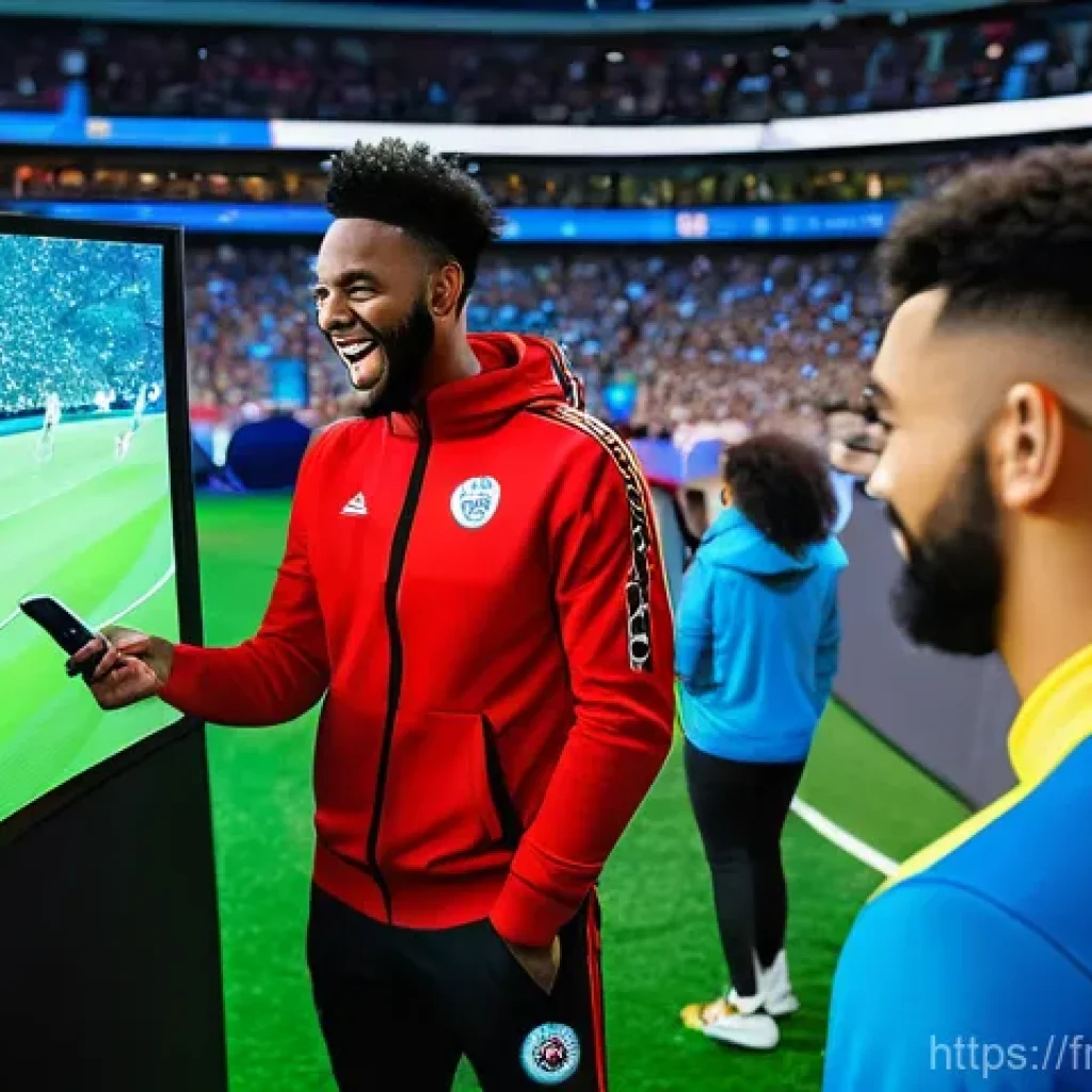 스포츠마케팅 직무와 지속 가능한 성장 사례 - **Prompt:** A dynamic and futuristic fan zone at a major sports event. A diverse group of young adul...