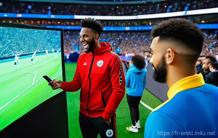 스포츠마케팅 직무와 지속 가능한 성장 사례 - **Prompt:** A dynamic and futuristic fan zone at a major sports event. A diverse group of young adul...