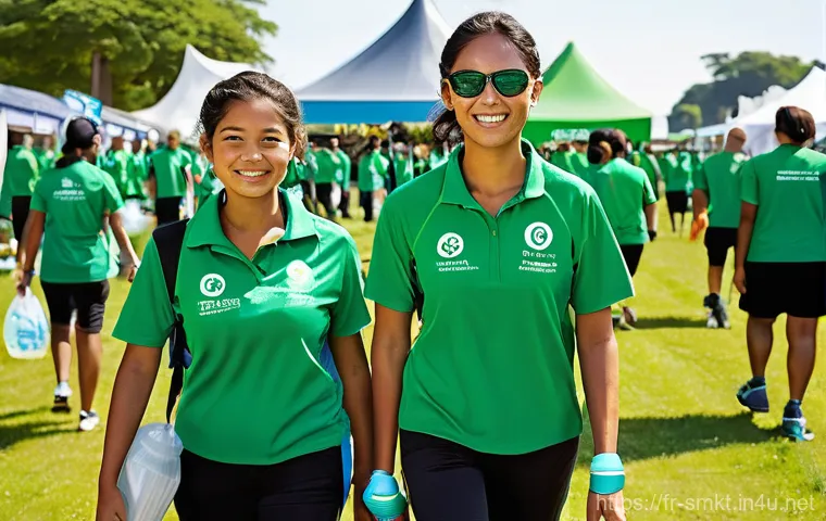 스포츠마케팅 직무와 지속 가능한 성장 사례 - **Prompt:** A dynamic and futuristic fan zone at a major sports event. A diverse group of young adul...