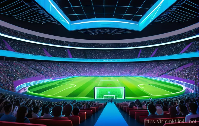 스포츠마케팅 관련 세미나 리뷰 및 요약 - **Prompt: "A vibrant, futuristic virtual stadium scene within a metaverse. A diverse group of young ...