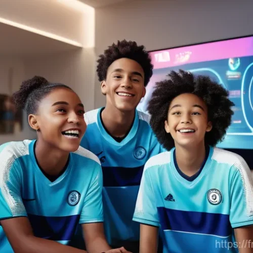 스포츠마케팅 직무와 관련된 주요 기술적 동향 - **Augmented Reality Sports Fan Experience:** A vibrant, futuristic depiction of a diverse family (tw...