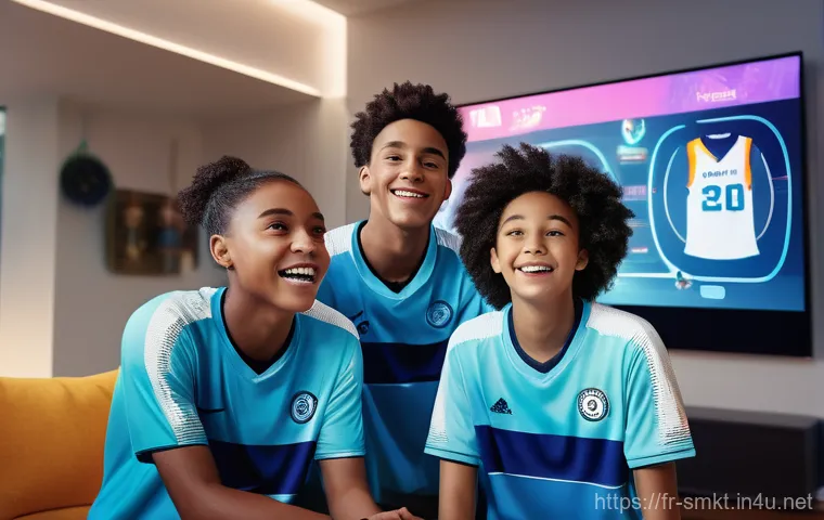 스포츠마케팅 직무와 관련된 주요 기술적 동향 - **Augmented Reality Sports Fan Experience:** A vibrant, futuristic depiction of a diverse family (tw...