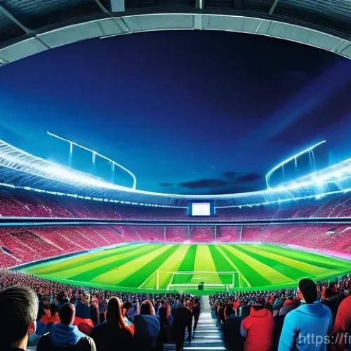 스포츠 이벤트 기획 사례 분석 - Immersive Technological Spectacle**
A futuristic, grand sports stadium at dusk, buzzing with an elec...