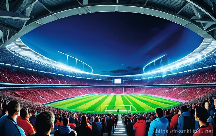 스포츠 이벤트 기획 사례 분석 - Immersive Technological Spectacle**
A futuristic, grand sports stadium at dusk, buzzing with an elec...