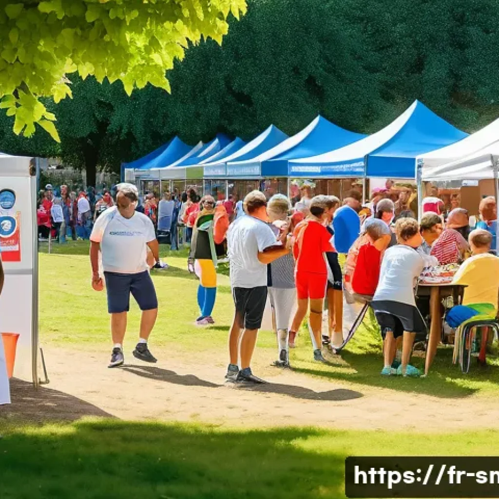 스포츠 이벤트 기획 단계별 체크리스트 - A vibrant local amateur sports tournament scene in a French village park during a sunny afternoon, f...