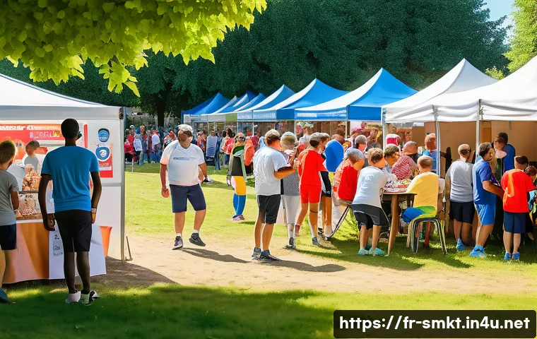 스포츠 이벤트 기획 단계별 체크리스트 - A vibrant local amateur sports tournament scene in a French village park during a sunny afternoon, f...