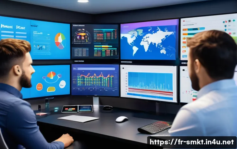 스포츠마케팅 현장에서의 도전과 해결 - A vibrant digital sports marketing control room scene showing diverse French marketing professionals...