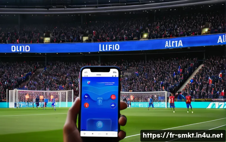 스포츠마케팅 분야의 최신 연구 및 주요 이슈 - A vibrant scene at a French football stadium featuring enthusiastic fans using augmented reality app...