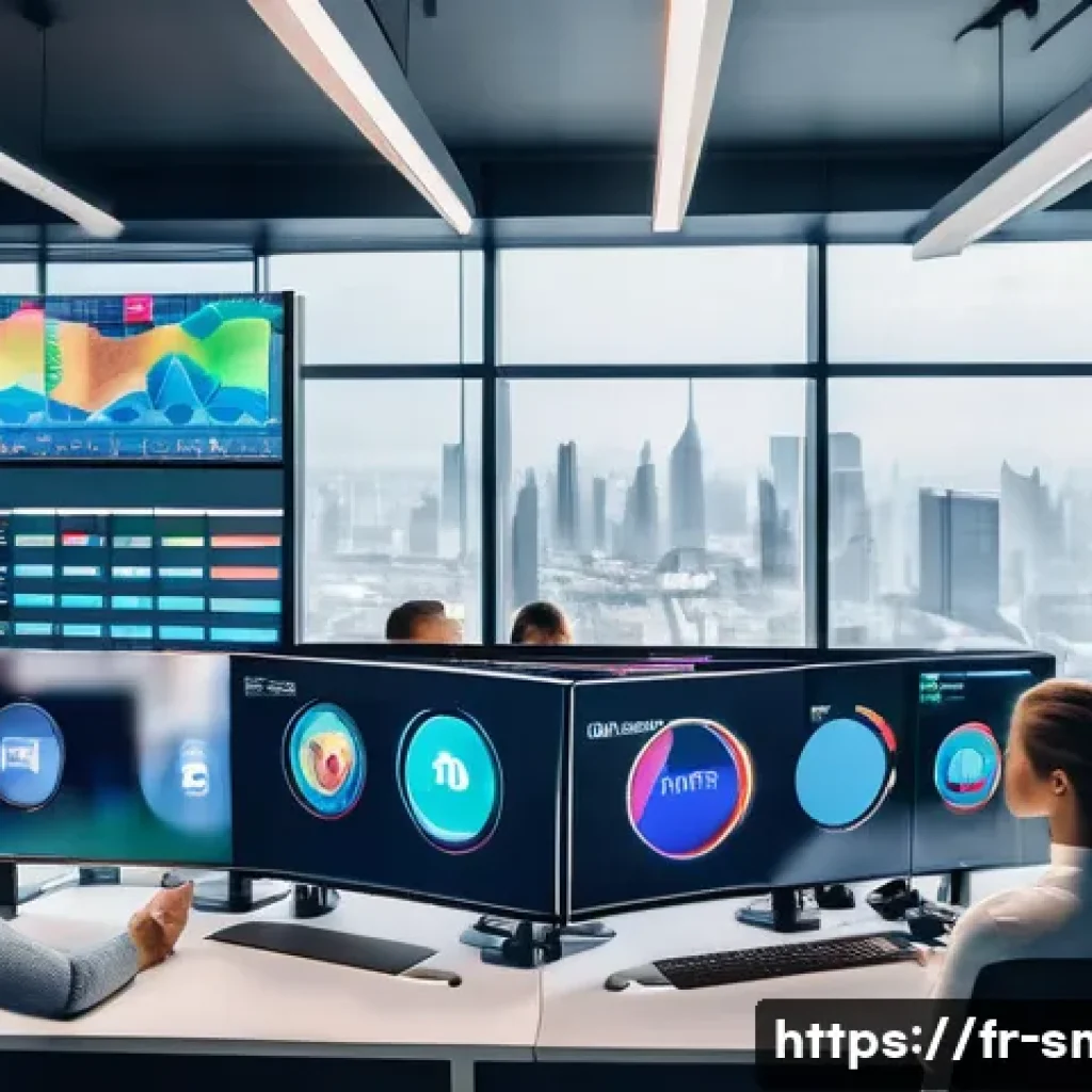 스포츠마케팅 전문가로서의 기술적 도구 학습 - A dynamic sports marketing team in a modern office environment analyzing fan data on multiple digita...