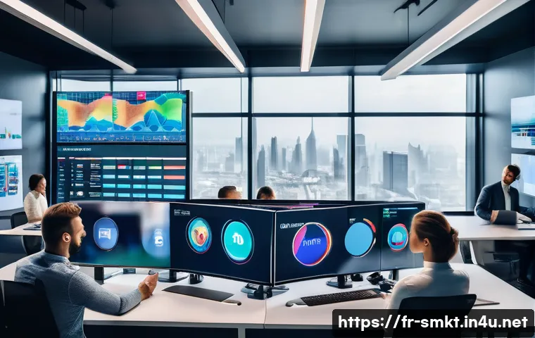 스포츠마케팅 전문가로서의 기술적 도구 학습 - A dynamic sports marketing team in a modern office environment analyzing fan data on multiple digita...