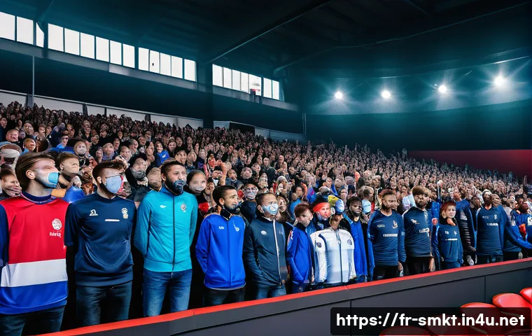 스포츠마케팅에서 비즈니스 모델 개발 - A vibrant scene at a French local football club event featuring diverse fans of all ages wearing cas...