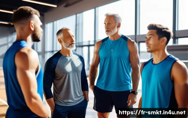 스포츠마케팅 리더십 개발 방법 - A dynamic sports team training session led by a charismatic coach in a modern indoor gym. The coach,...