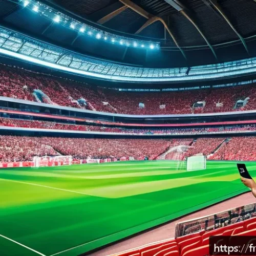 Home 32 스포츠마케팅과 관련된 학술적 연구 사례 - A vibrant digital sports stadium scene featuring fans engaged with augmented reality (AR) and virtua...