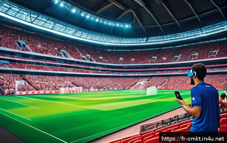 스포츠마케팅과 관련된 학술적 연구 사례 - A vibrant digital sports stadium scene featuring fans engaged with augmented reality (AR) and virtua...