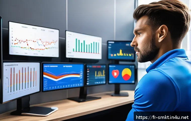 스포츠마케팅에서의 데이터 분석과 시각화 활용 - A dynamic sports coach monitoring real-time athlete performance data on multiple digital screens in ...