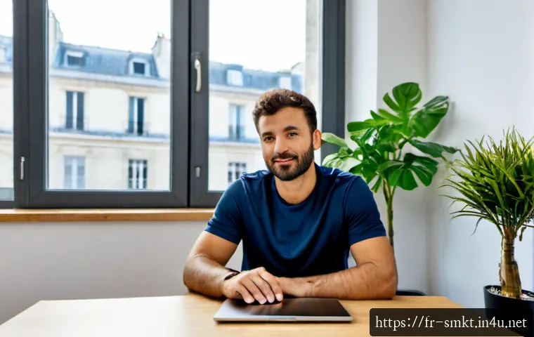 Home 17 스포츠마케팅 업무에서의 스트레스 관리 - Photorealistic French sports marketing professional in a modern Paris office, seated calmly at a cle...