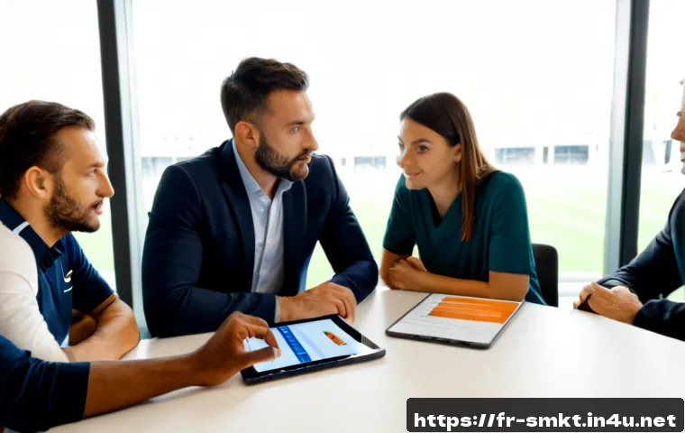 스포츠마케팅 직무에서의 팀 관리 방법 - Photorealistic sports marketing team management meeting in a modern Paris office, diverse French pro...