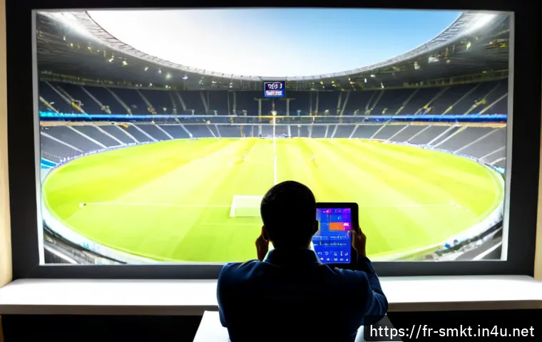 스포츠마케팅에서 빅데이터 활용 - Photorealistic sports marketing analytics scene in a modern Paris stadium operations room, diverse F...