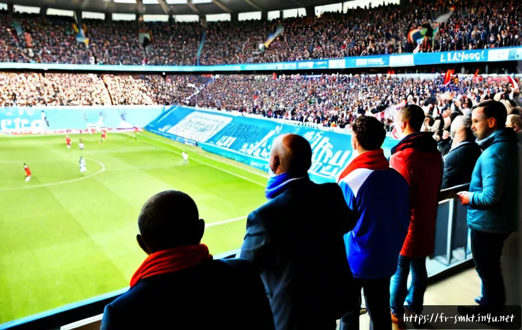 스포츠마케팅과 팬 데이터 분석 사례 - Photorealistic French football stadium marketing analytics scene, diverse adult fans in blue-white-r...