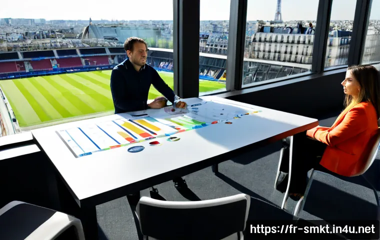 스포츠마케팅 국제 사례와 벤치마킹 - Photorealistic international sports marketing benchmarking workshop in a modern Paris office, divers...