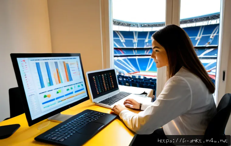 스포츠마케팅 이벤트 보고서 작성 팁 - Photorealistic sports marketing event report workspace in a modern Paris office, French marketing pr...